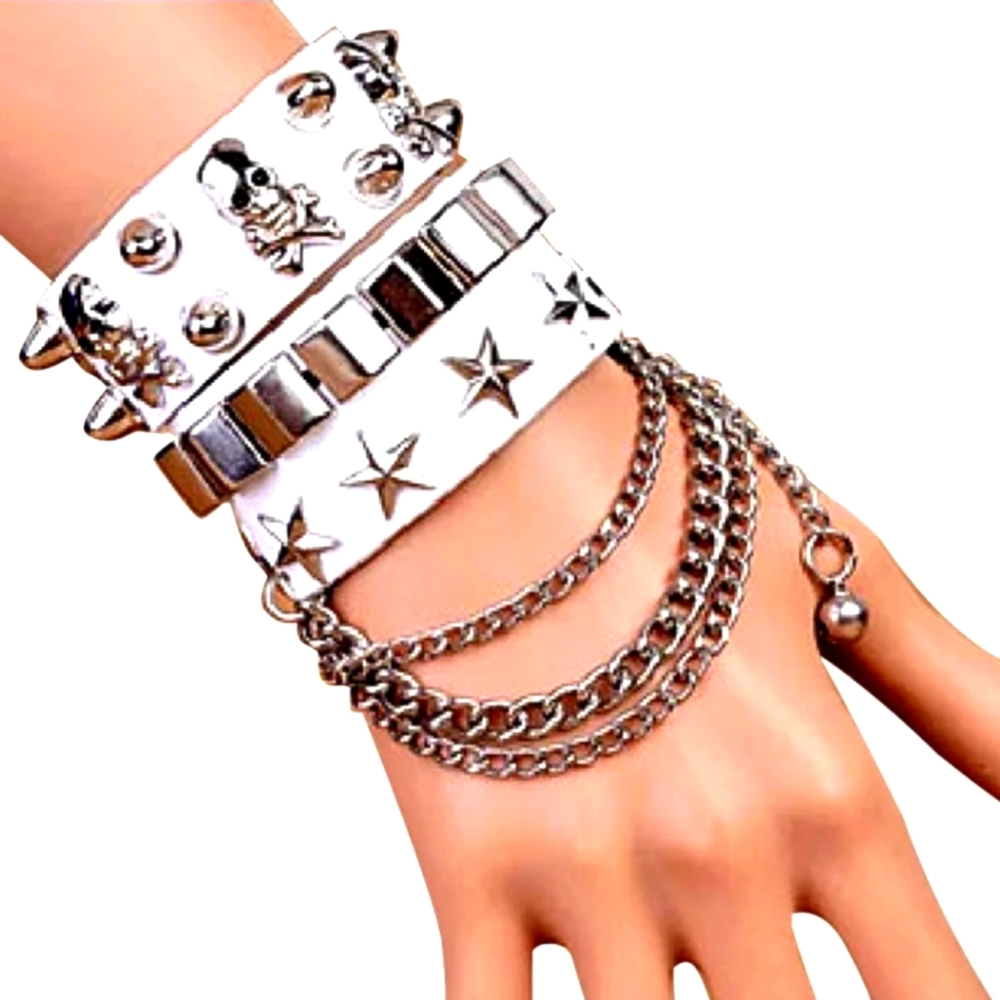 WHITE LEATHER GOTH PUNK CUFF SET